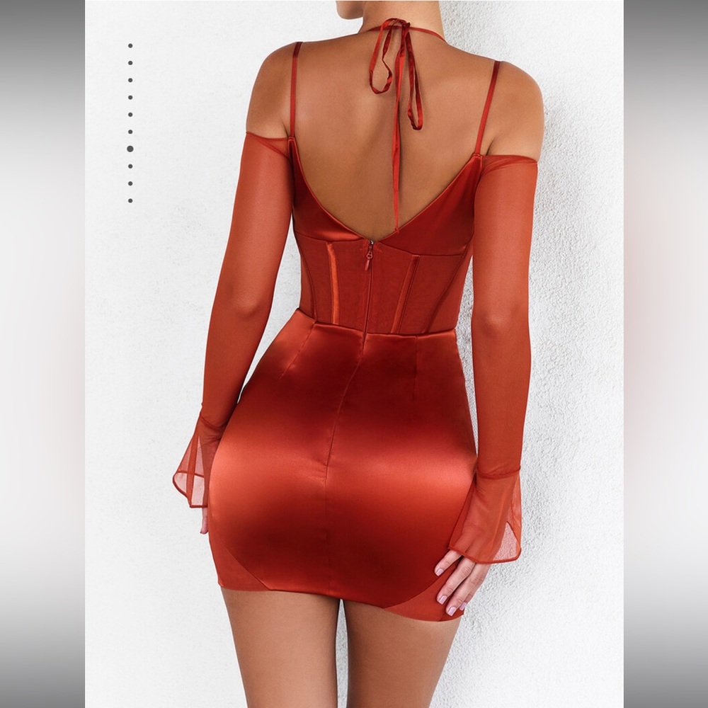 Mistress Rocks Burnt Amber Satin Corset Mini Dress - Picture 3 of 4